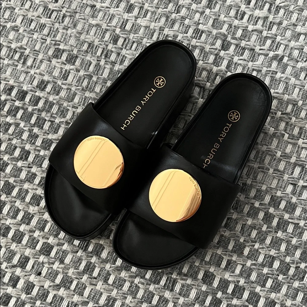 Tory Burch Black Slide Sandals with Gold Medallion Accent